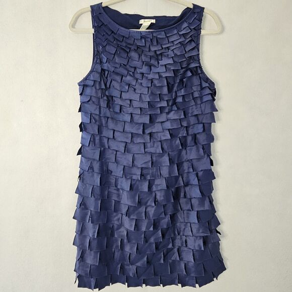 NWT ESLEY Sz M Navy BlueDress Satin Look Side Zip Soft Round Neck Fringe - Picture 1 of 7